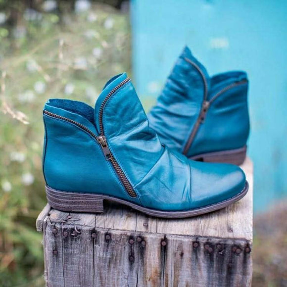Vintage Zipper Leather Ankle Boots