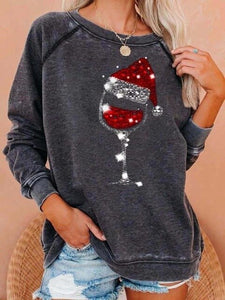 Invomall Ladies Wine Glass Pattern Printing Sweatshirt