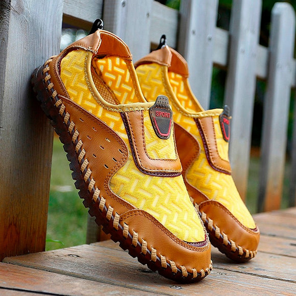 Invomall Men's Handmade Leather Mesh Shoes
