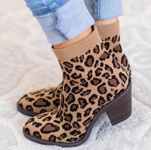 Invomall Women's Knitted Leopard Ankle Boots
