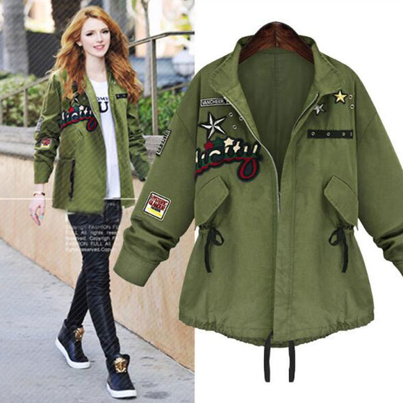 Invomall Ladies Embroidery Patchwork Bomber Jacket