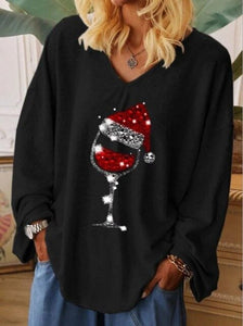 Invomall Ladies Christmas wine glass print shirt