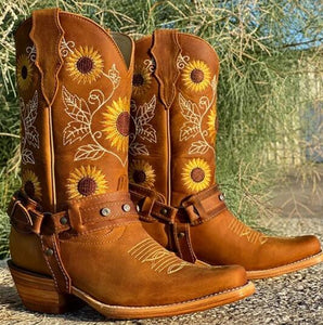 Invomall Ladies Embroidery Cowboy Retro Boots