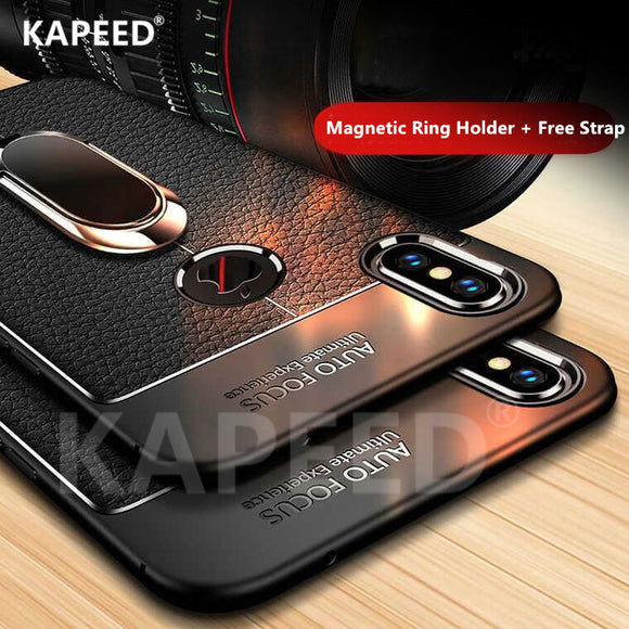 Phone Case - Luxury Lychee Leather Magnetic Ring Silicone Phone Case For Iphone 11 X XR XS Max