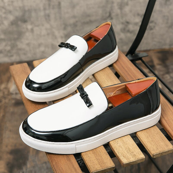 Black White Slip-On Leather Loafers