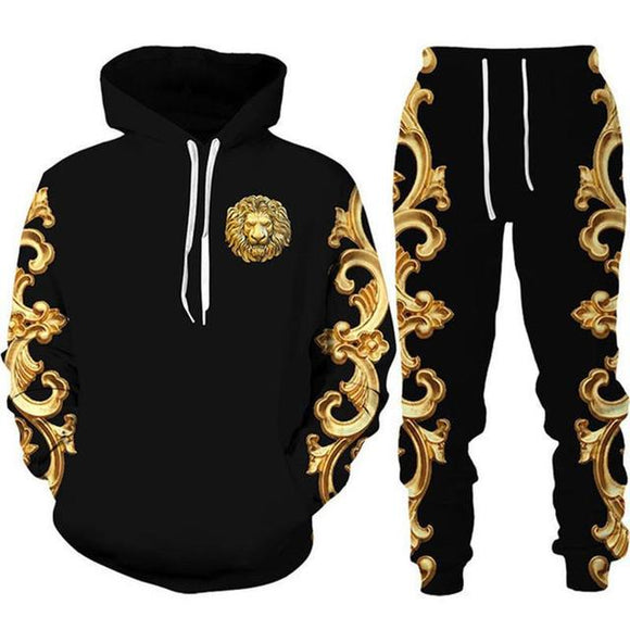 Golden Pattern Lion Head Printed Tracksuit