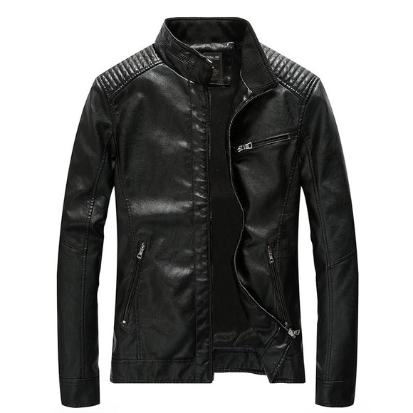 Invomall Men's Stand Collar Zipper Leather Jacket