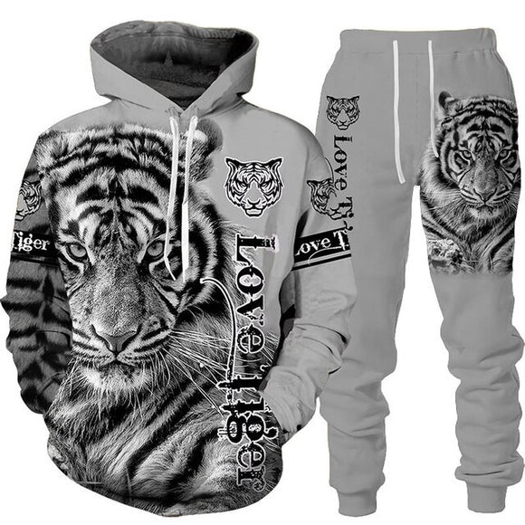 3D Tiger Printed Hoodie + Pants Suit