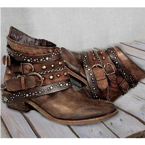 Ladies Solid Color Rivets Leather Buckle Boots