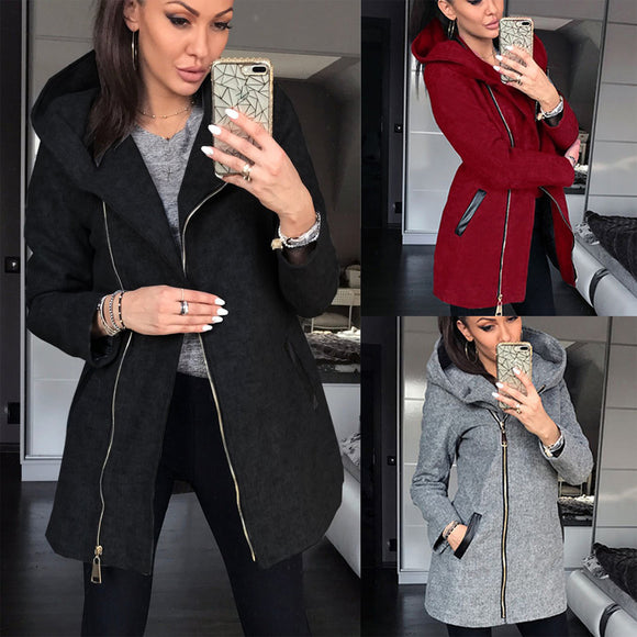 Women Zipper Mid-Length Coat