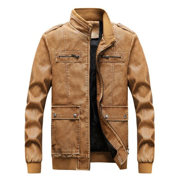 Invomall Men's Warm Fur Leather Jacket Windbreaker