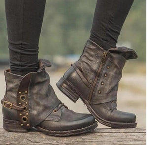 Invomall Ladies Zipper Buckle Rivet Leather Boots