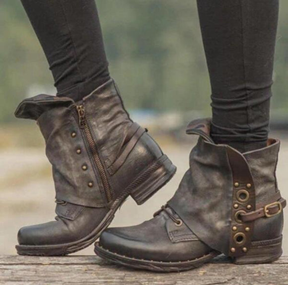 Invomall Ladies Zipper Buckle Rivet Leather Boots