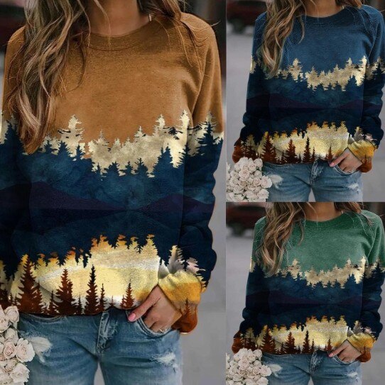 Invomall Ladies Long Sleeve Christmas Tree Printed Sweatshirts
