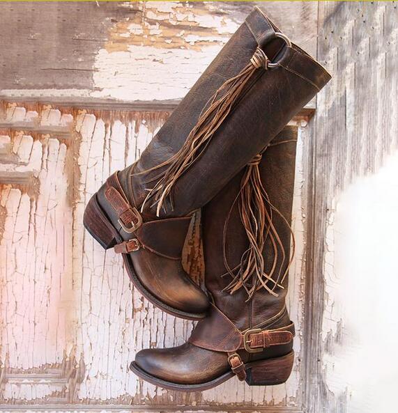 Invomall Women's Vintage Tassel Knot Knee High Boots