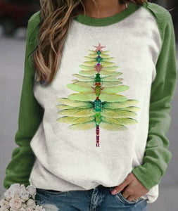 Invomall Ladies Dragonfly Christmas Tree Print Sweatshirt